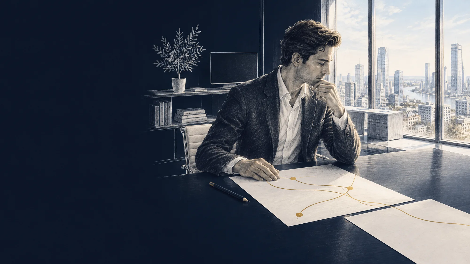 Una persona sola en su mesa, la mano en el mentón, lee un folio con un mapa dorado cuya línea continúa hacia un segundo folio en blanco